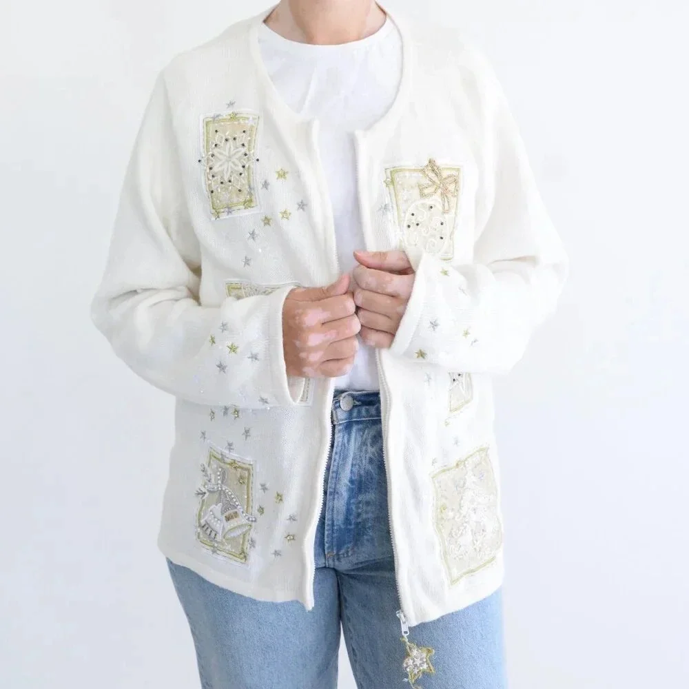 Vintage Tiara Cream Ugly Christmas Beaded Reindeer Zip Up Cardigan Sweater XL - Picture 2 of 16